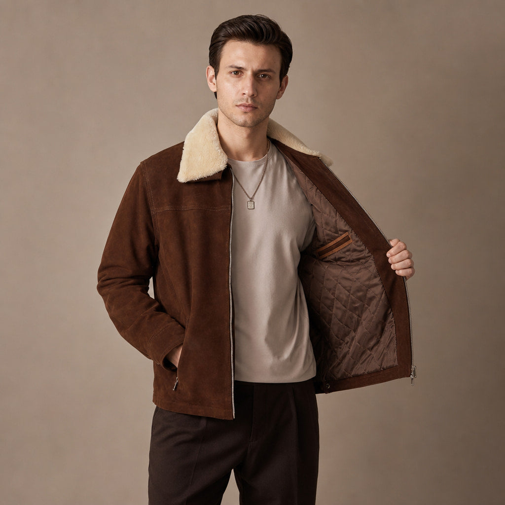 Frisky Dark Brown Shearling Suede Leather Jacket in Brown – Tarlano Premium Menswear