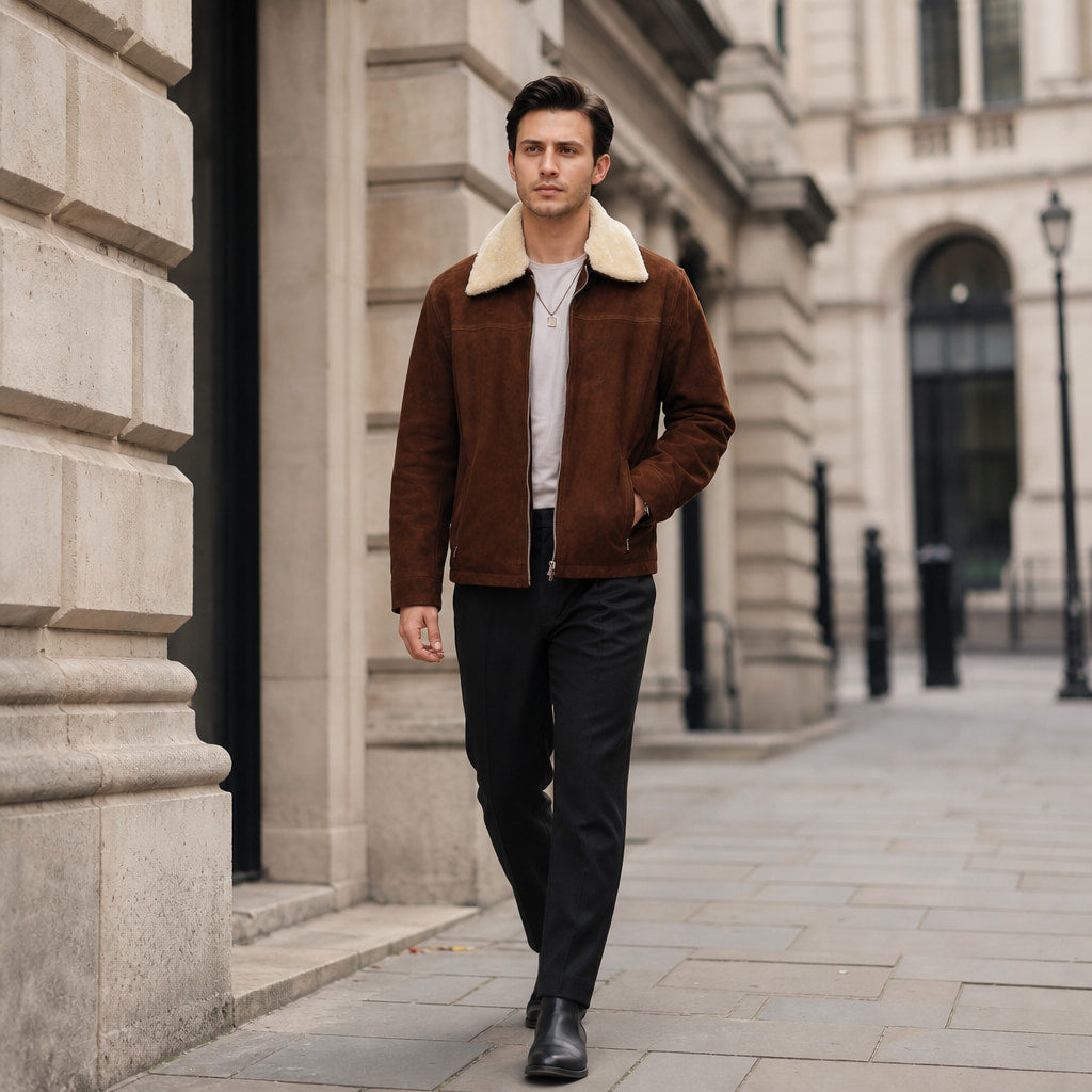 Frisky Dark Brown Shearling Suede Leather Jacket Brown – Styled Editorial Shot