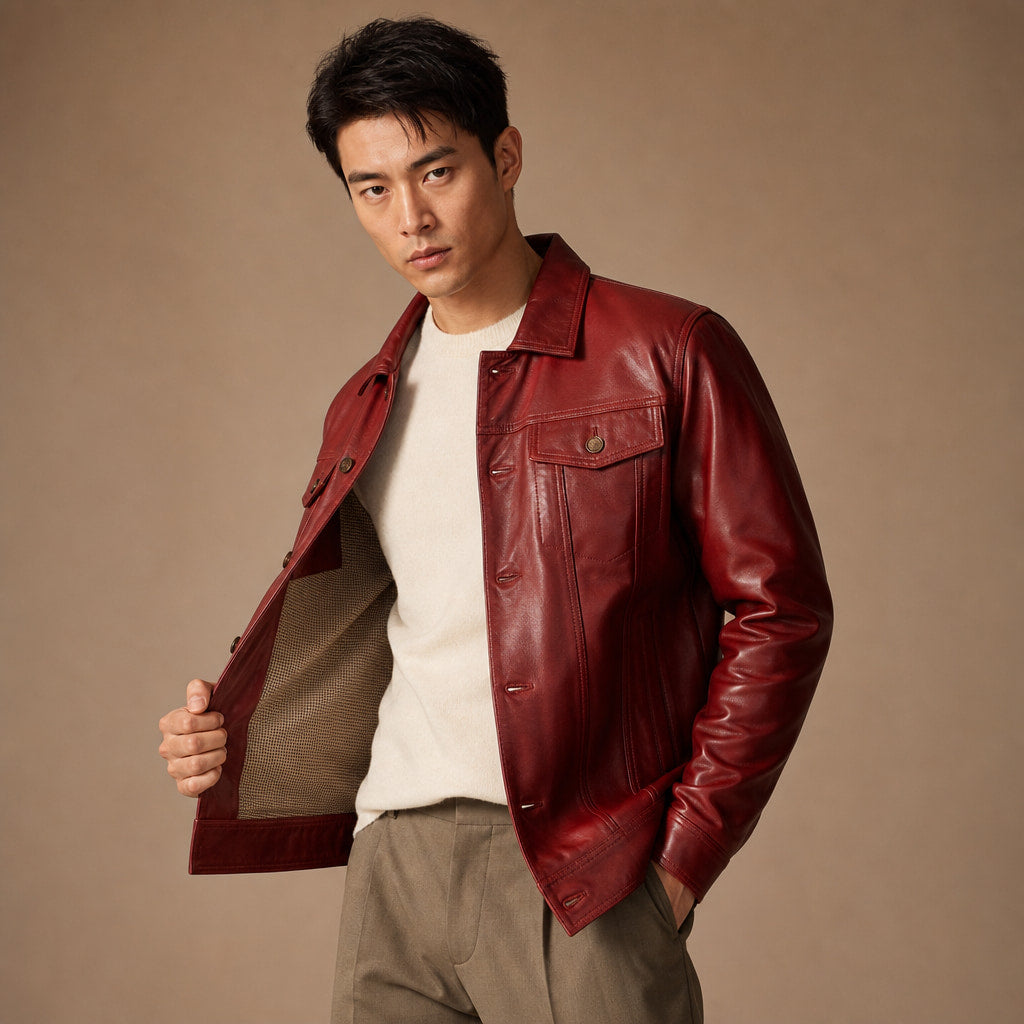 Geralt Red Leather Trucker Jacket For Men Red – Side Angle View