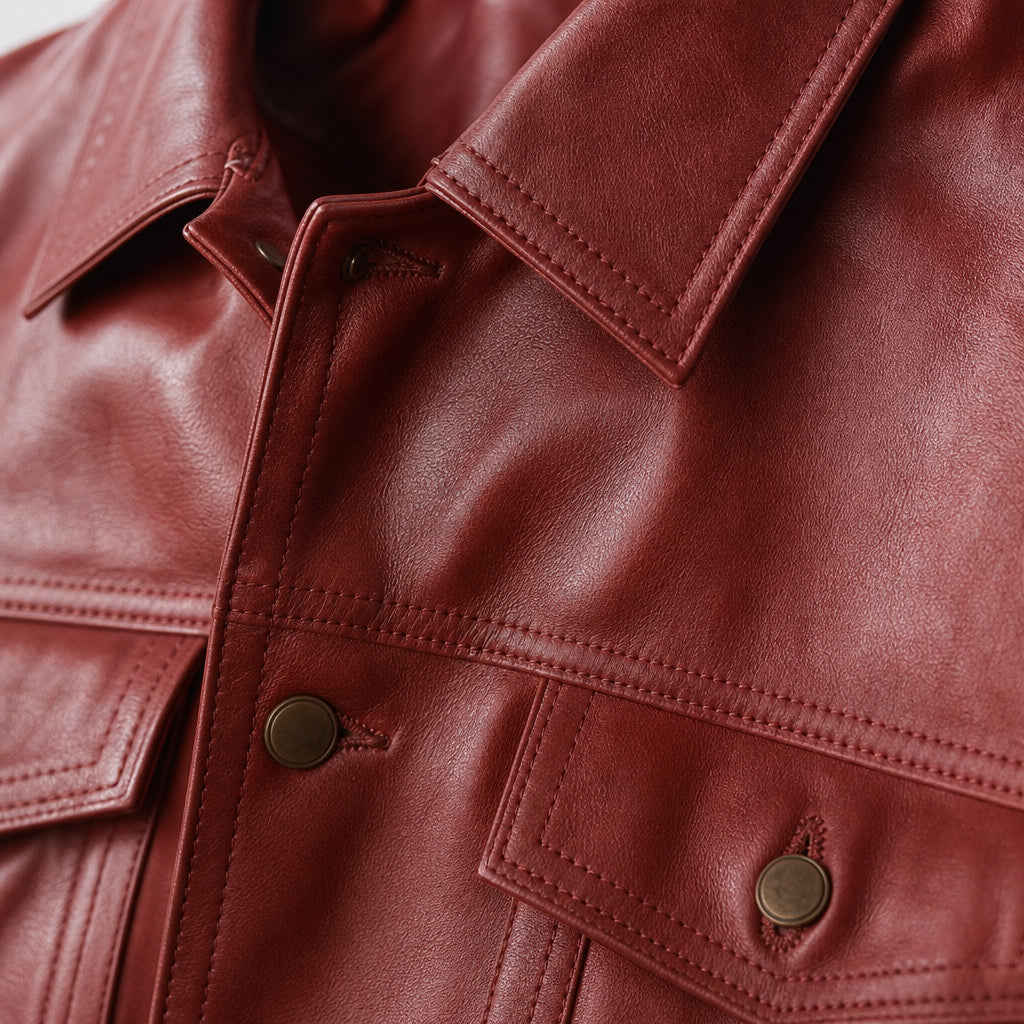 Geralt Red Leather Trucker Jacket For Men Red – Fabric and Detail Close-Up