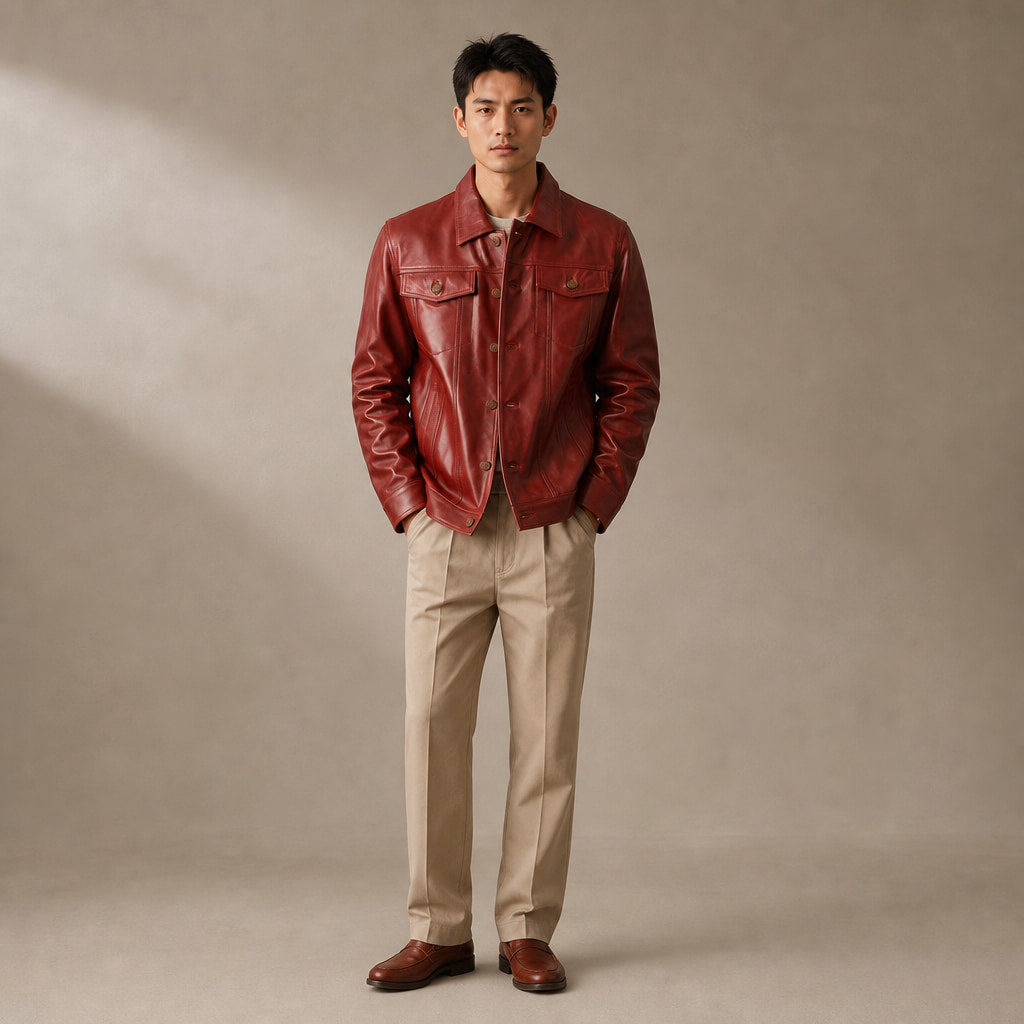 Geralt Red Leather Trucker Jacket For Men Red – Full Look