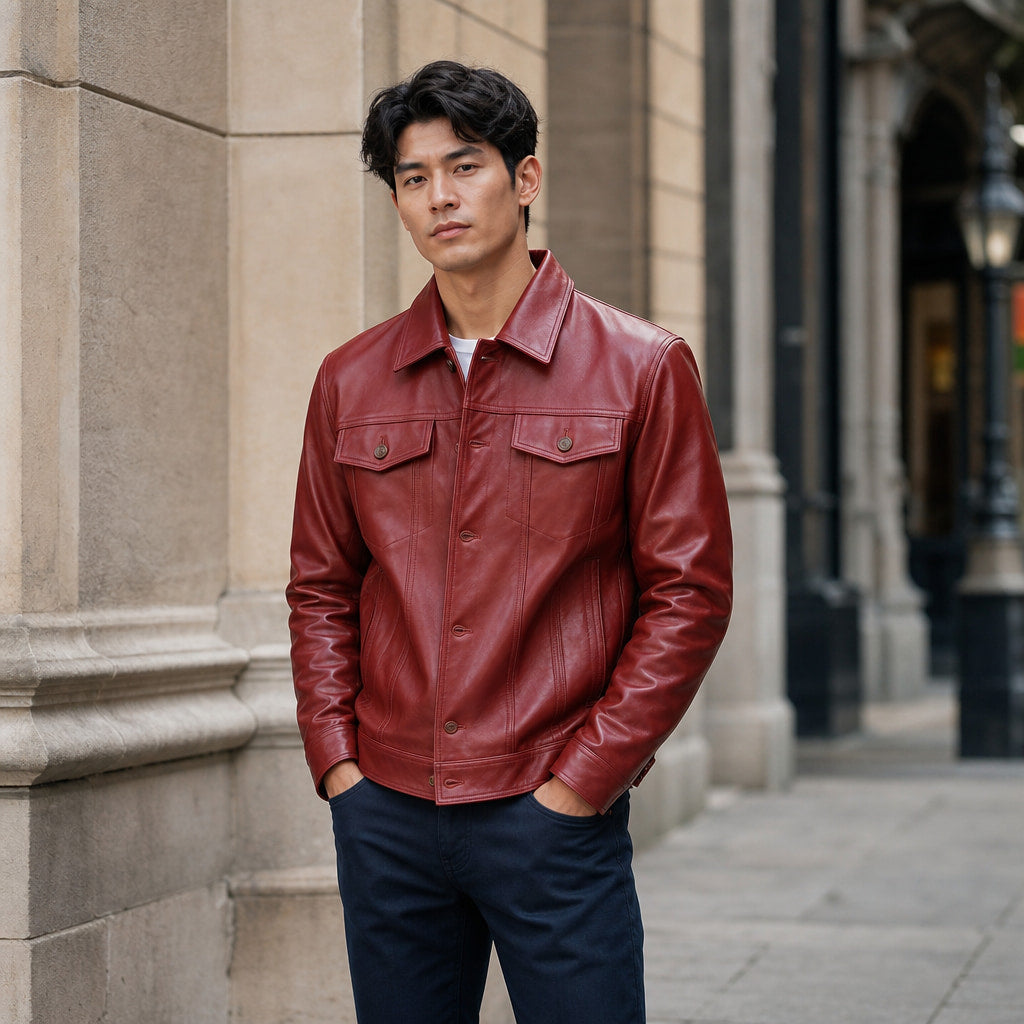 Geralt Red Leather Trucker Jacket For Men Red – Styled Editorial Shot