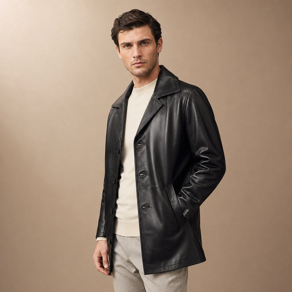 Grandeur Black Leather Pea Coat For Men Black – Side Angle View