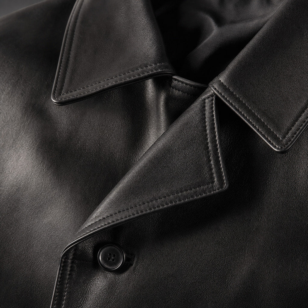 Grandeur Black Leather Pea Coat For Men Black – Fabric and Detail Close-Up