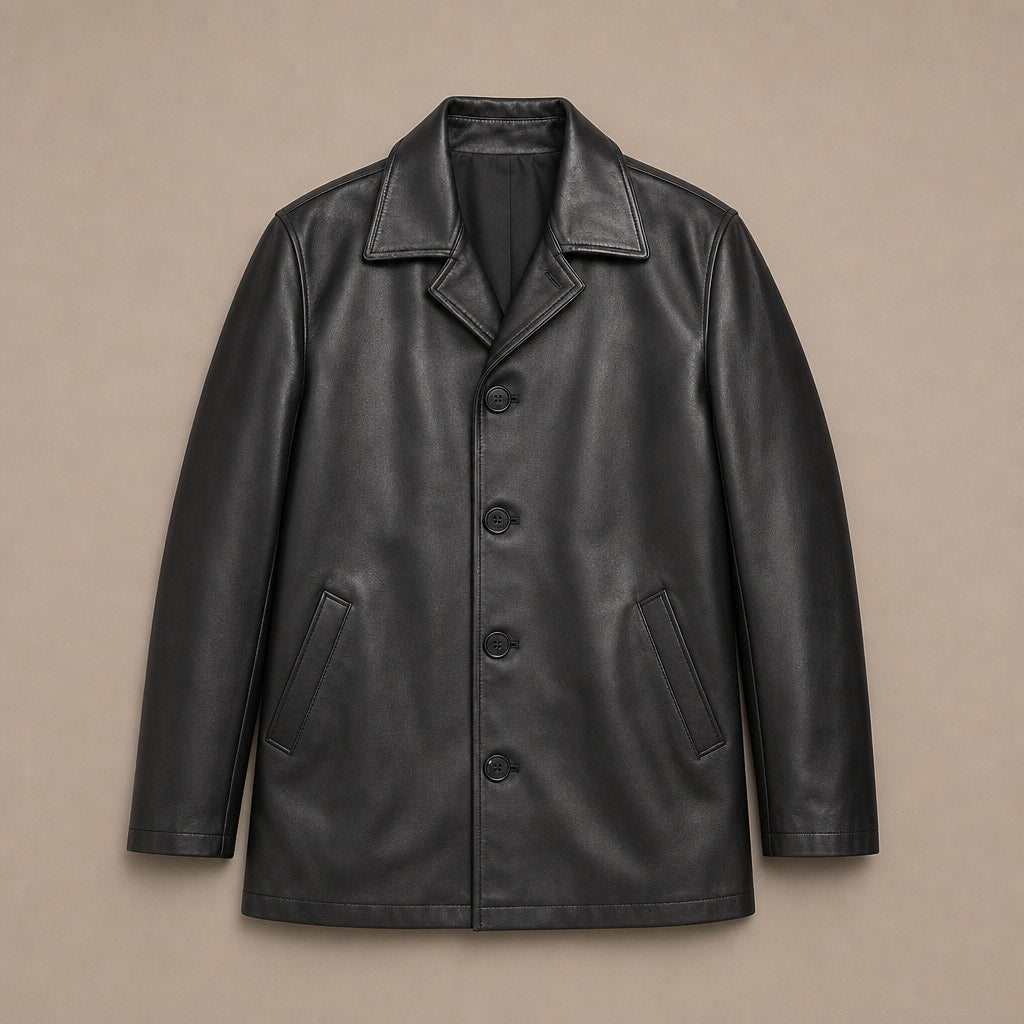 Grandeur Black Leather Pea Coat For Men Black – Flat Lay Product Photo