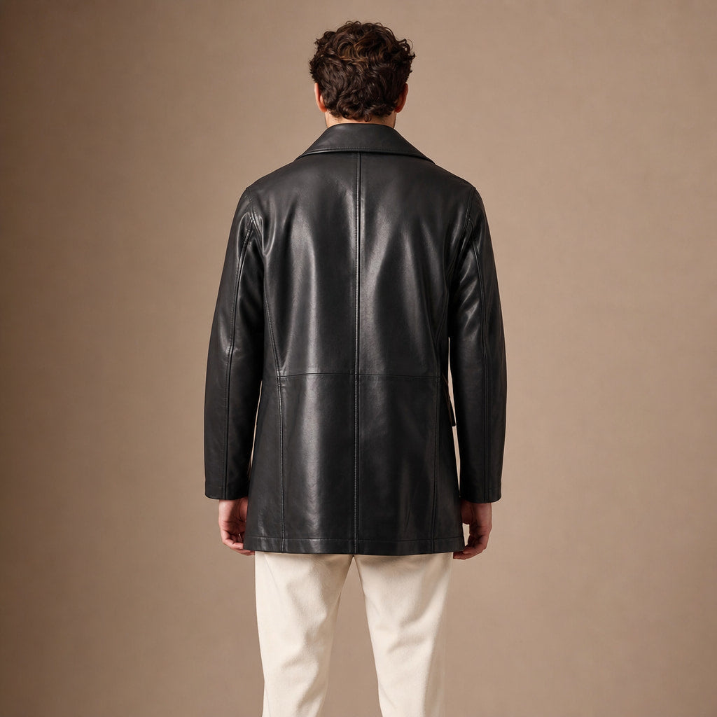 Grandeur Black Leather Pea Coat For Men Black – Full Look