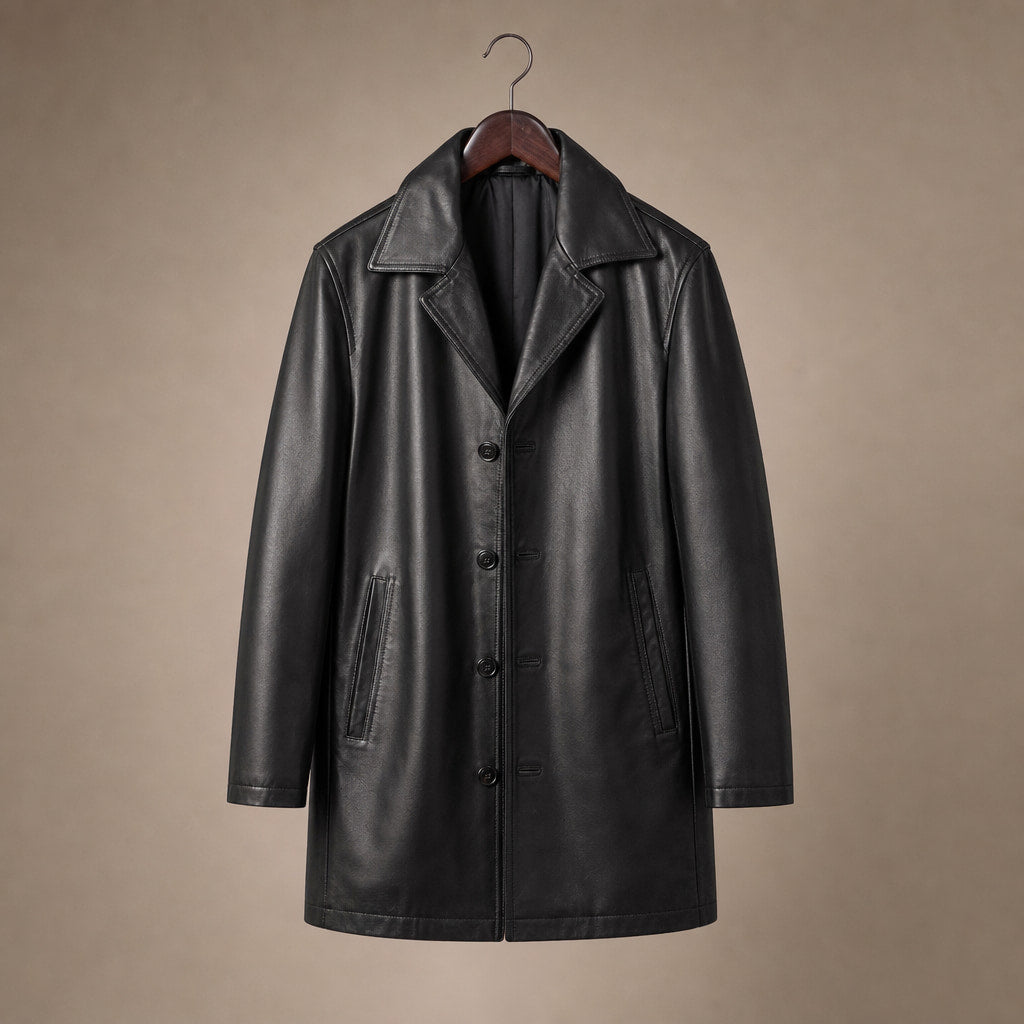 Grandeur Black Leather Pea Coat For Men Black – Product Photo