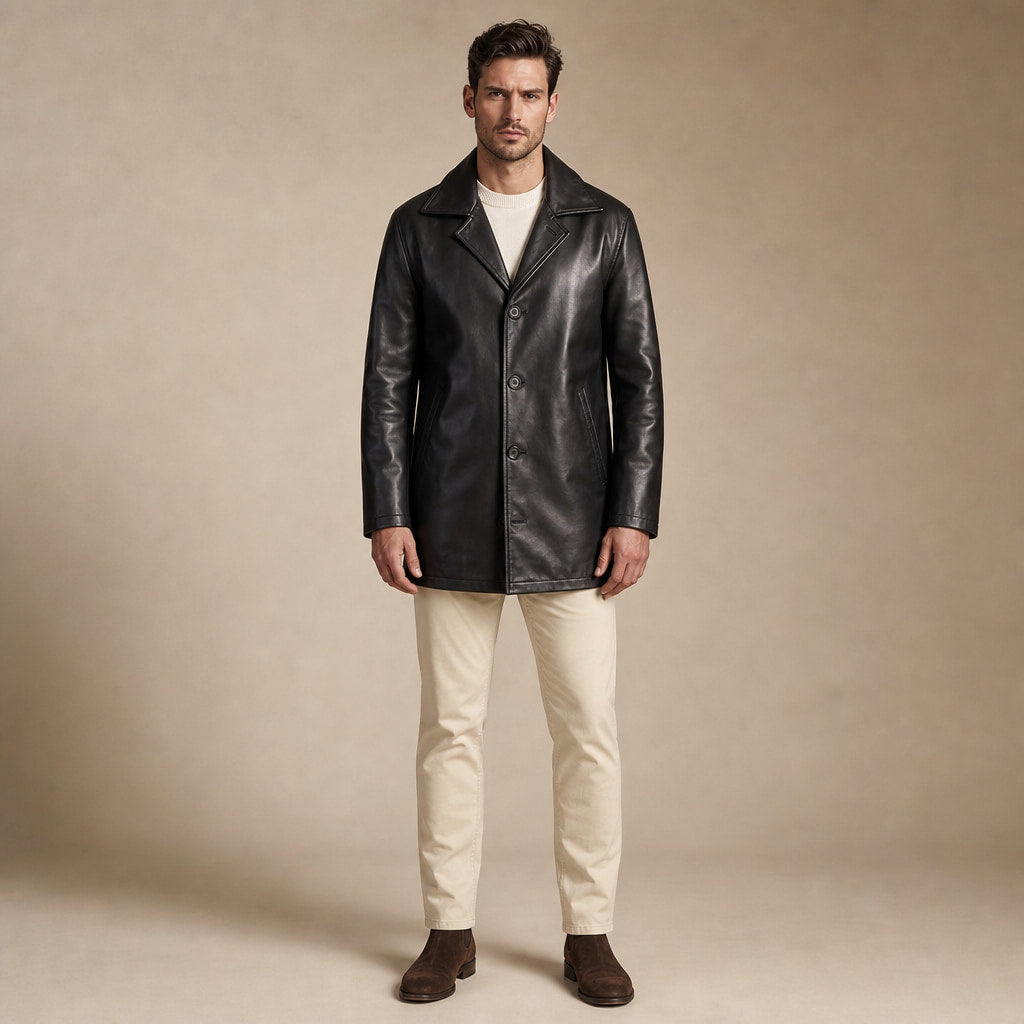Grandeur Black Leather Pea Coat For Men in Black – Tarlano Premium Menswear