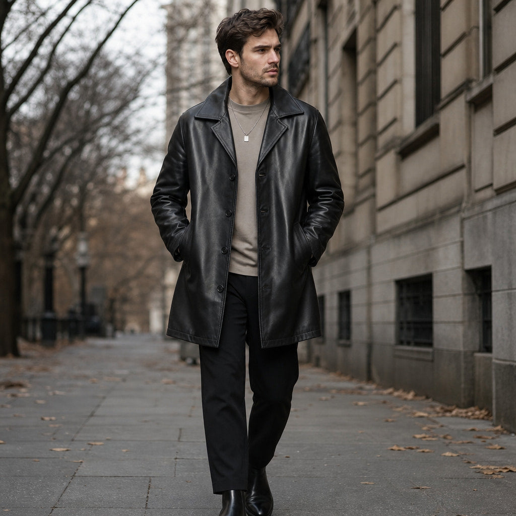 Grandeur Black Leather Pea Coat For Men Black – Styled Editorial Shot