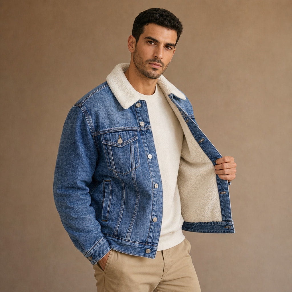 Hackney Sherpa Denim Jacket Blue – Side Angle View