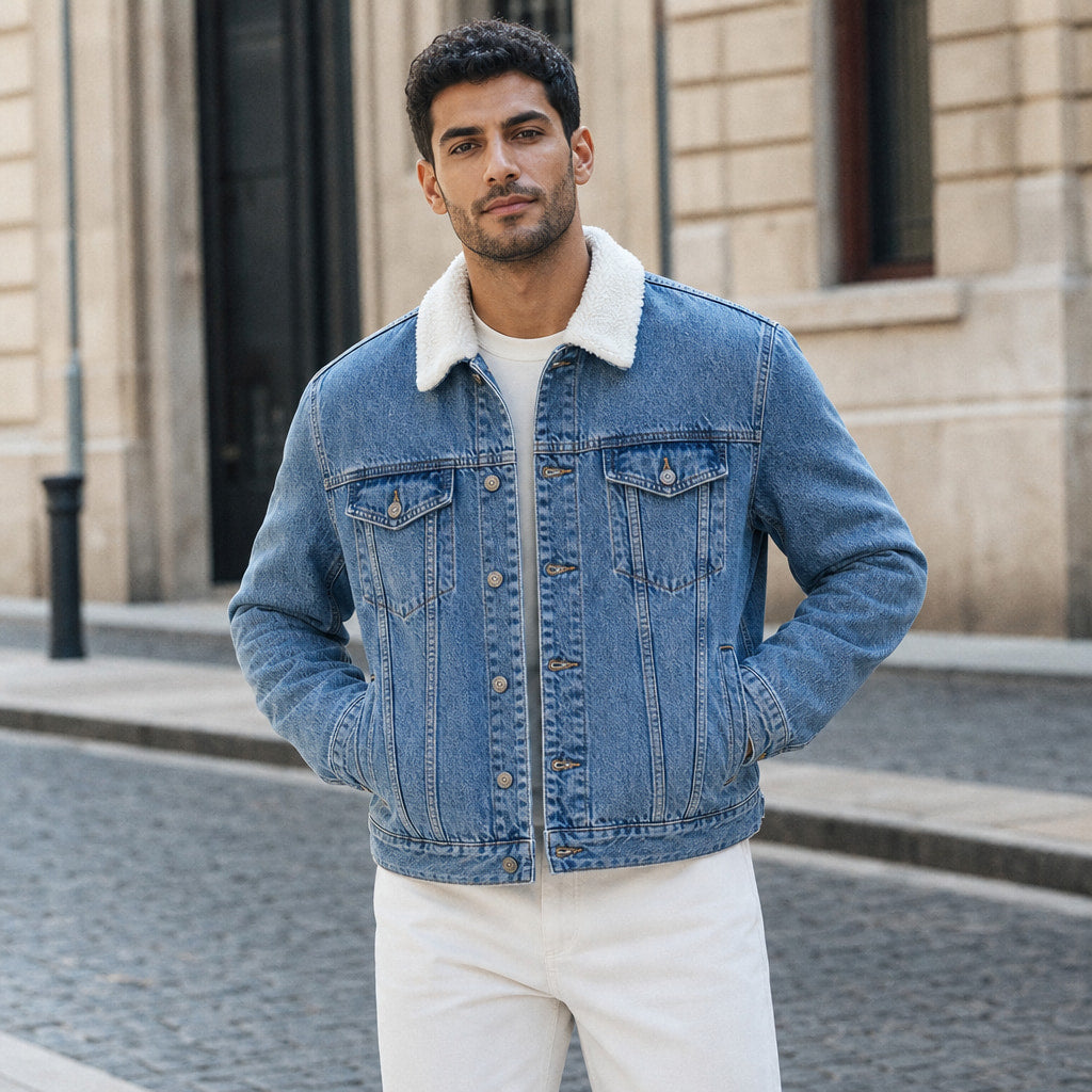 Hackney Sherpa Denim Jacket Blue – Styled Editorial Shot