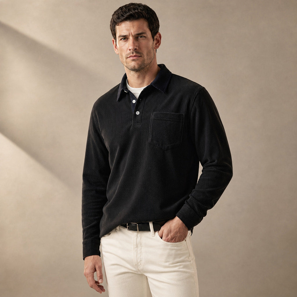 Long Sleeve Polo Shirt Ribbed Texture Black – Side Angle View