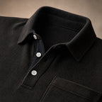 Long Sleeve Polo Shirt Ribbed Texture Black – Fabric and Detail Close-Up
