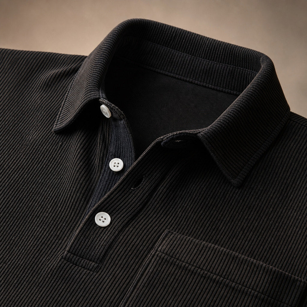 Long Sleeve Polo Shirt Ribbed Texture Black – Fabric and Detail Close-Up