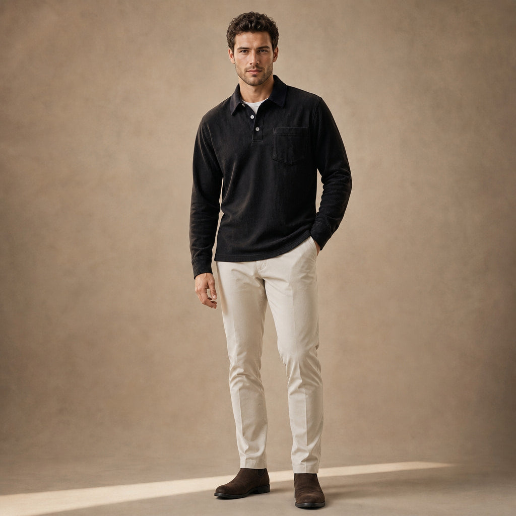 Long Sleeve Polo Shirt Ribbed Texture Black – Full Look