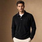 Long Sleeve Polo Shirt Ribbed Texture Black – Product Photo