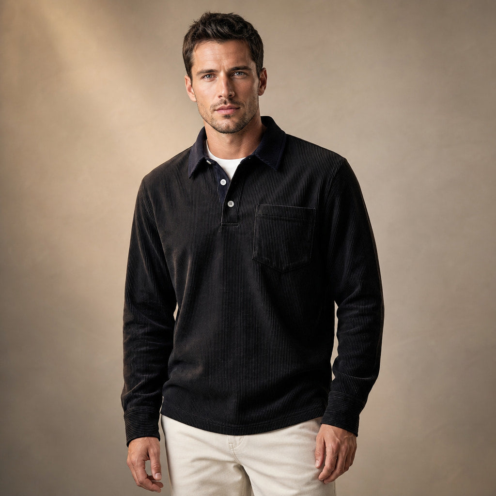 Long Sleeve Polo Shirt Ribbed Texture in Black – Tarlano Premium Menswear