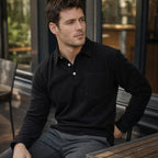 Long Sleeve Polo Shirt Ribbed Texture Black – Styled Editorial Shot