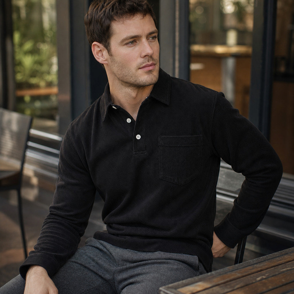 Long Sleeve Polo Shirt Ribbed Texture Black – Styled Editorial Shot