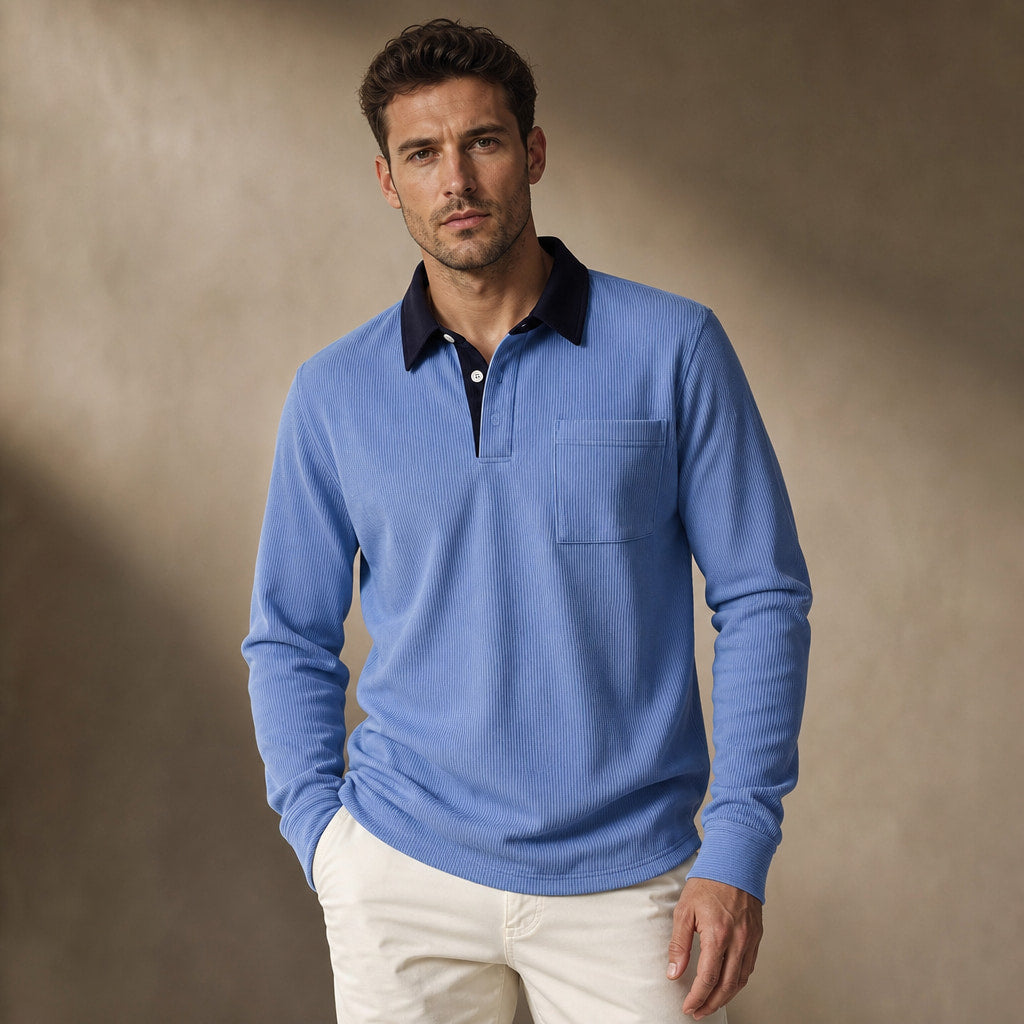 Long Sleeve Polo Shirt Ribbed Texture Blue – Product Photo