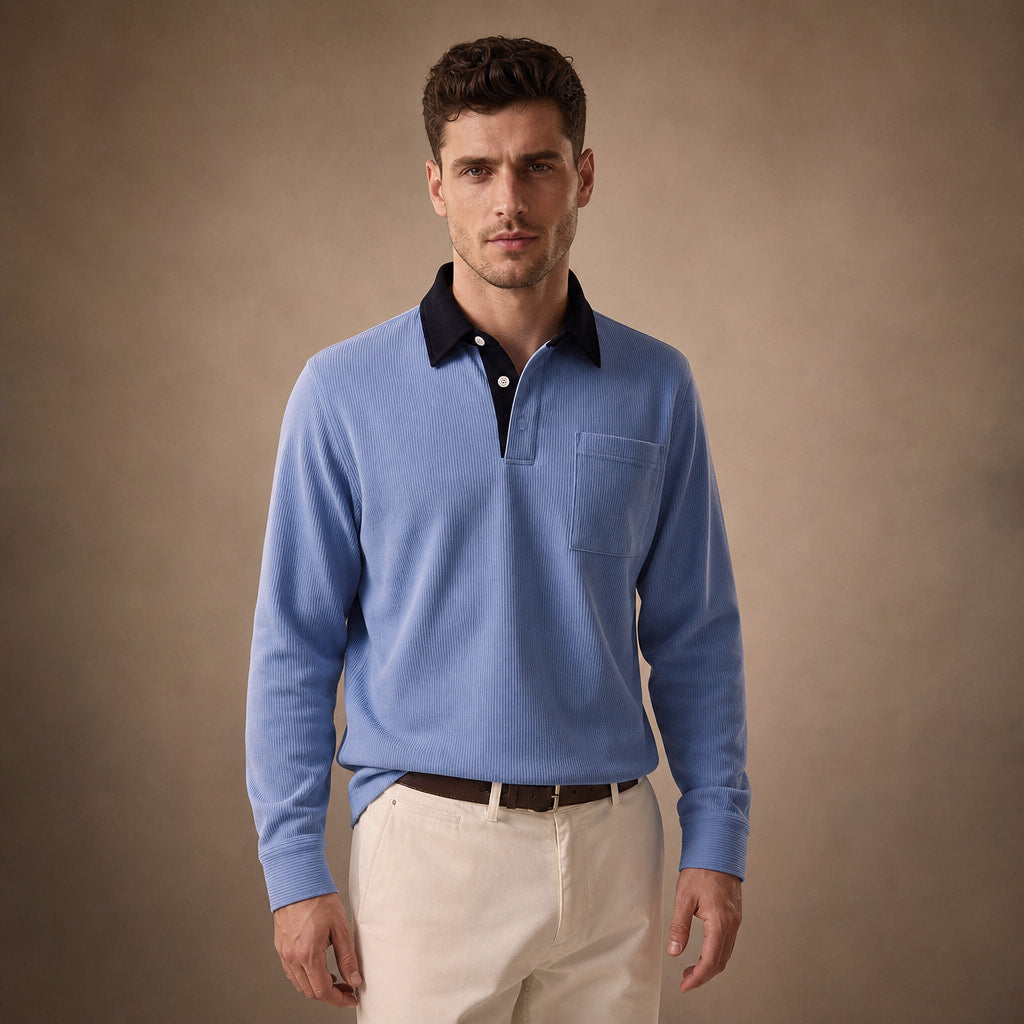 Long Sleeve Polo Shirt Ribbed Texture in Blue – Tarlano Premium Menswear