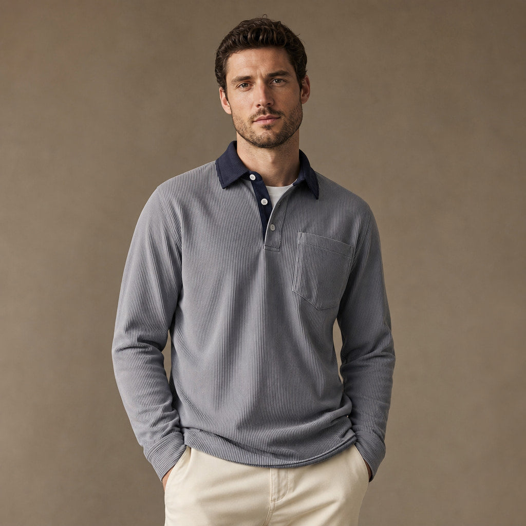 Long Sleeve Polo Shirt Ribbed Texture Gray – Product Photo