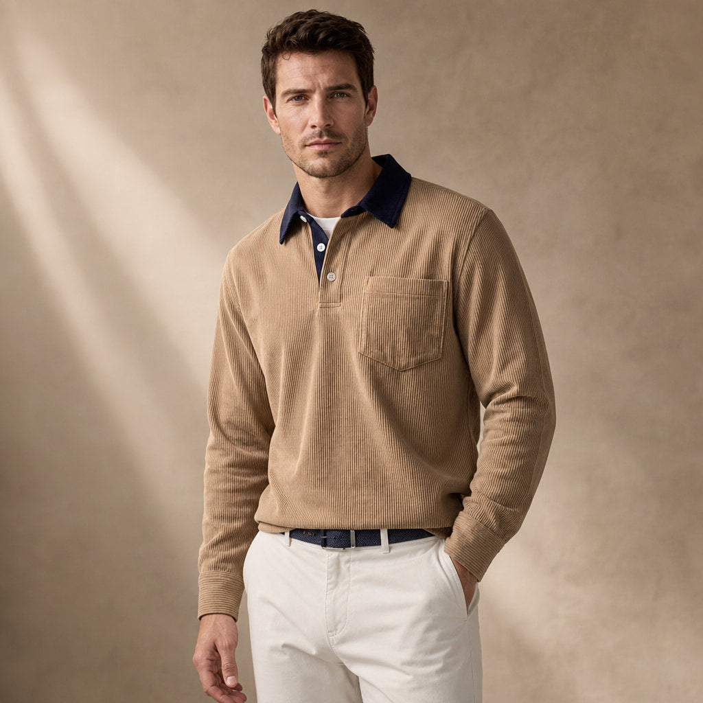 Long Sleeve Polo Shirt Ribbed Texture Khaki – Product Photo