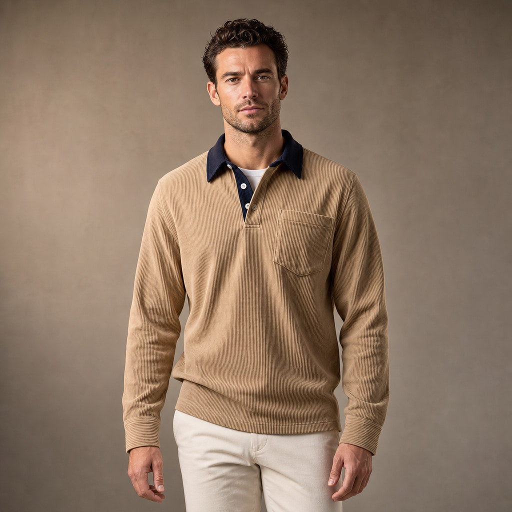 Long Sleeve Polo Shirt Ribbed Texture in Khaki – Tarlano Premium Menswear