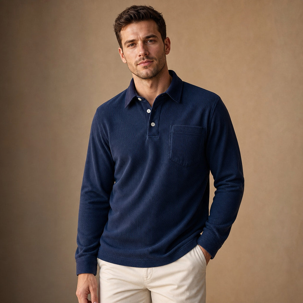 Long Sleeve Polo Shirt Ribbed Texture Navy Blue – Product Photo