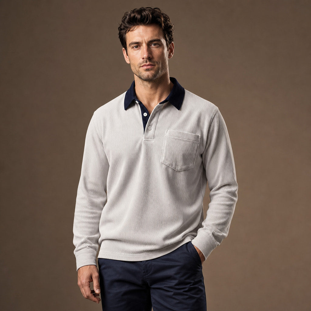 Long Sleeve Polo Shirt Ribbed Texture White – Product Photo