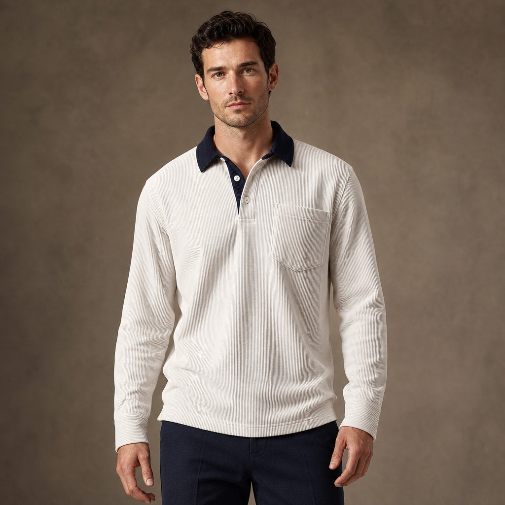 Long Sleeve Polo Shirt Ribbed Texture in White – Tarlano Premium Menswear