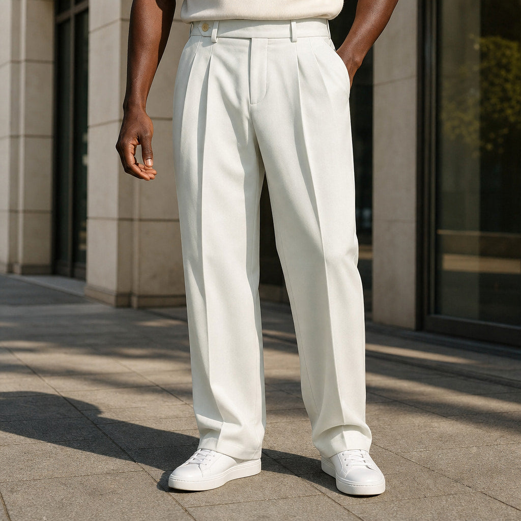 Dress Pants Pleated Front Modern Fit Ivory – Styled Editorial Shot