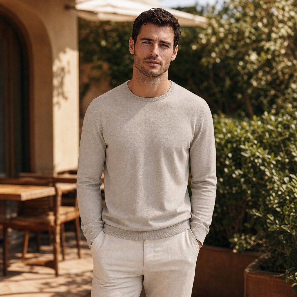 Harlow Wool Crewneck Champagne – Styled Editorial Shot