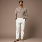 Herringbone Tailored Trousers Tonal Crest Embroidery Leather Patch in White – Tarlano Premium Menswear