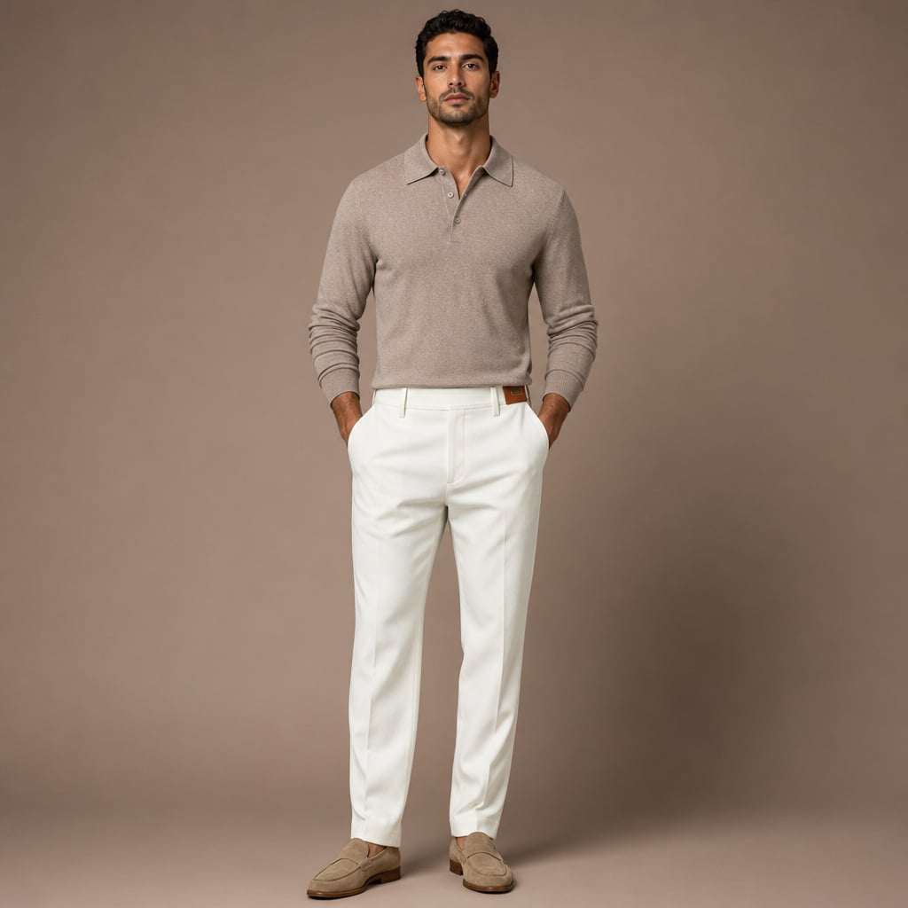 Herringbone Tailored Trousers Tonal Crest Embroidery Leather Patch in White – Tarlano Premium Menswear