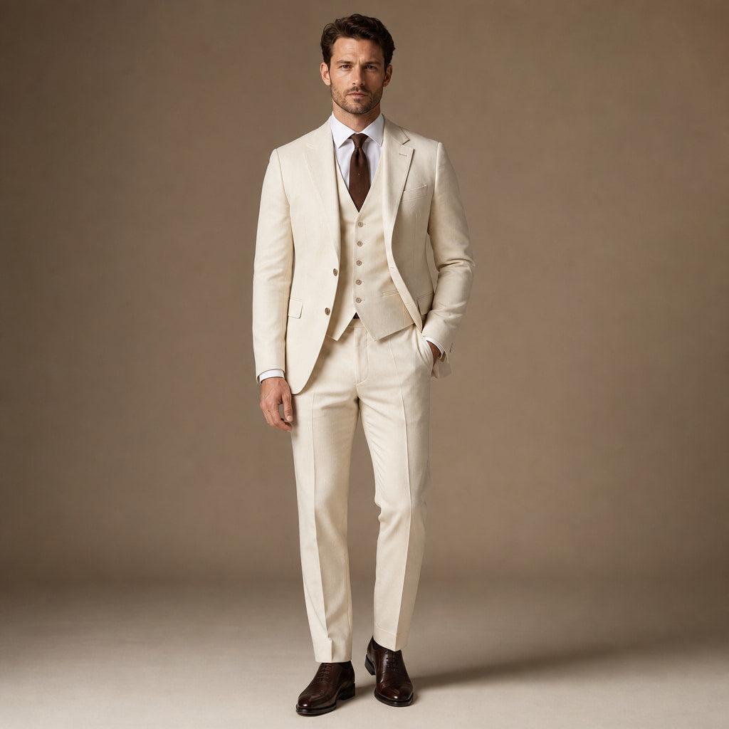 Three Piece Suit Shawl Lapel Slim Fit in Beige – Tarlano Premium Menswear