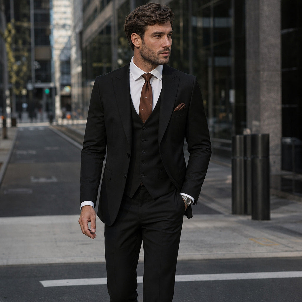 Three Piece Suit Shawl Lapel Slim Fit Black – Styled Editorial Shot