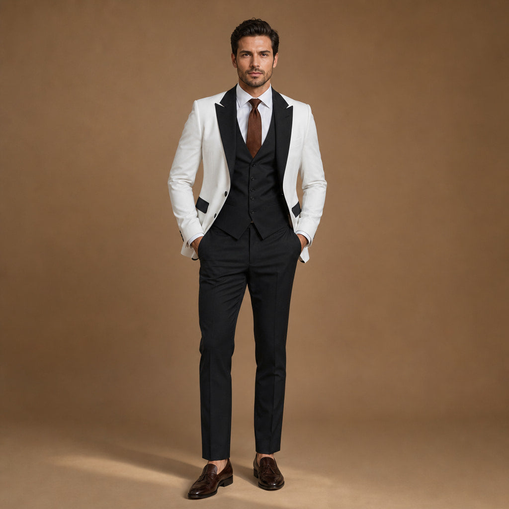 Three Piece Suit Shawl Lapel Slim Fit in Black& White – Tarlano Premium Menswear