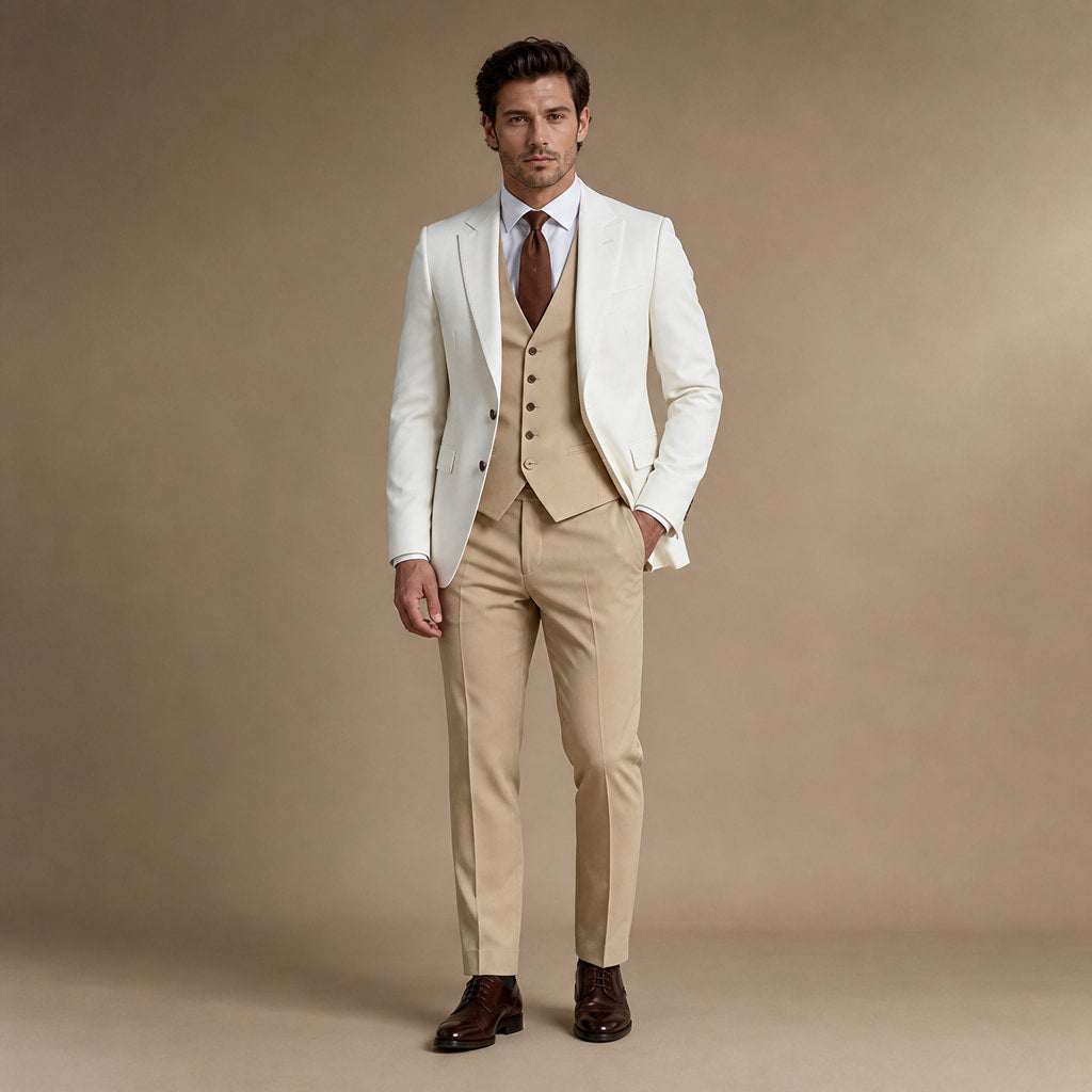 Three Piece Suit Shawl Lapel Slim Fit in Khaki – Tarlano Premium Menswear