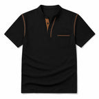 Knit Polo Shirt Band Collar Chest Pocket Short Sleeve Black – Product Photo