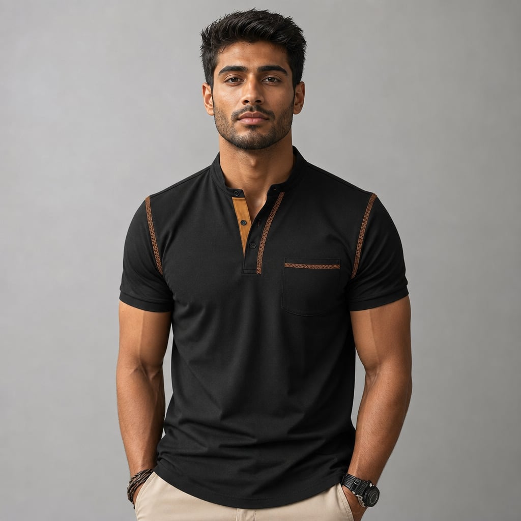 Knit Polo Shirt Band Collar Chest Pocket Short Sleeve in Black – Tarlano Premium Menswear