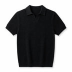 Knit Polo Short Sleeve Open Collar Ribbed Trim Black – Product Photo