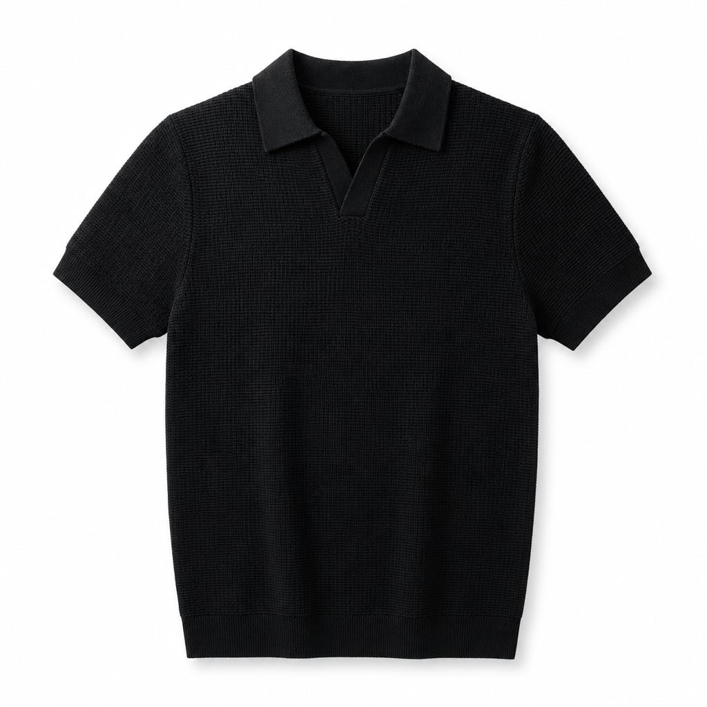 Knit Polo Short Sleeve Open Collar Ribbed Trim Black – Product Photo