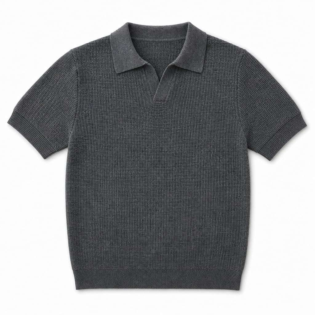 Knit Polo Short Sleeve Open Collar Ribbed Trim Charcoal – Product Photo