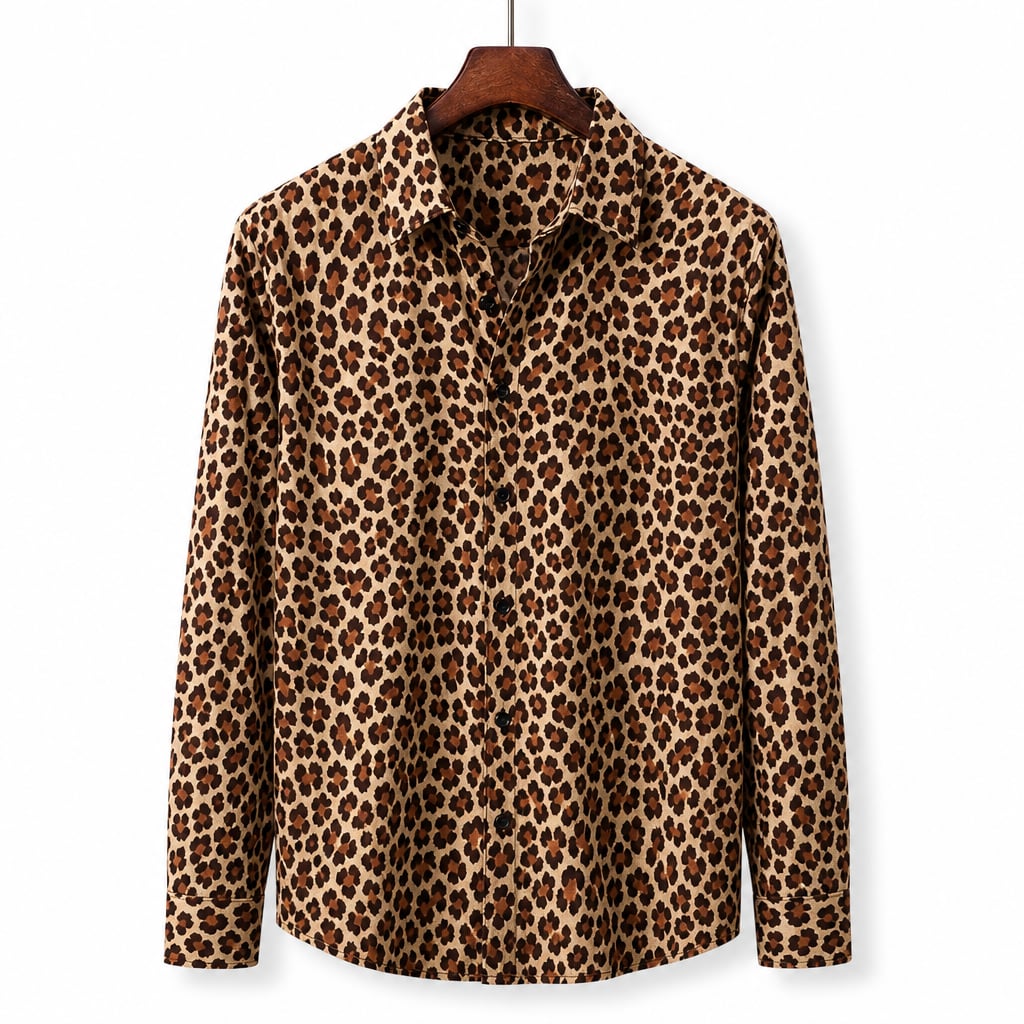Leopard Print Graphic Shirt Button-Down Camp Collar Brown – Product Photo