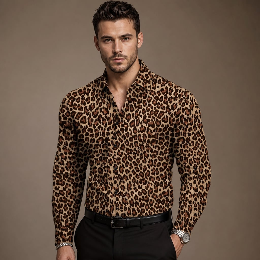 Leopard Print Graphic Shirt Button-Down Camp Collar in Brown – Tarlano Premium Menswear