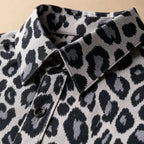 Leopard Print Graphic Shirt Button-Down Camp Collar Gray – Fabric and Detail Close-Up