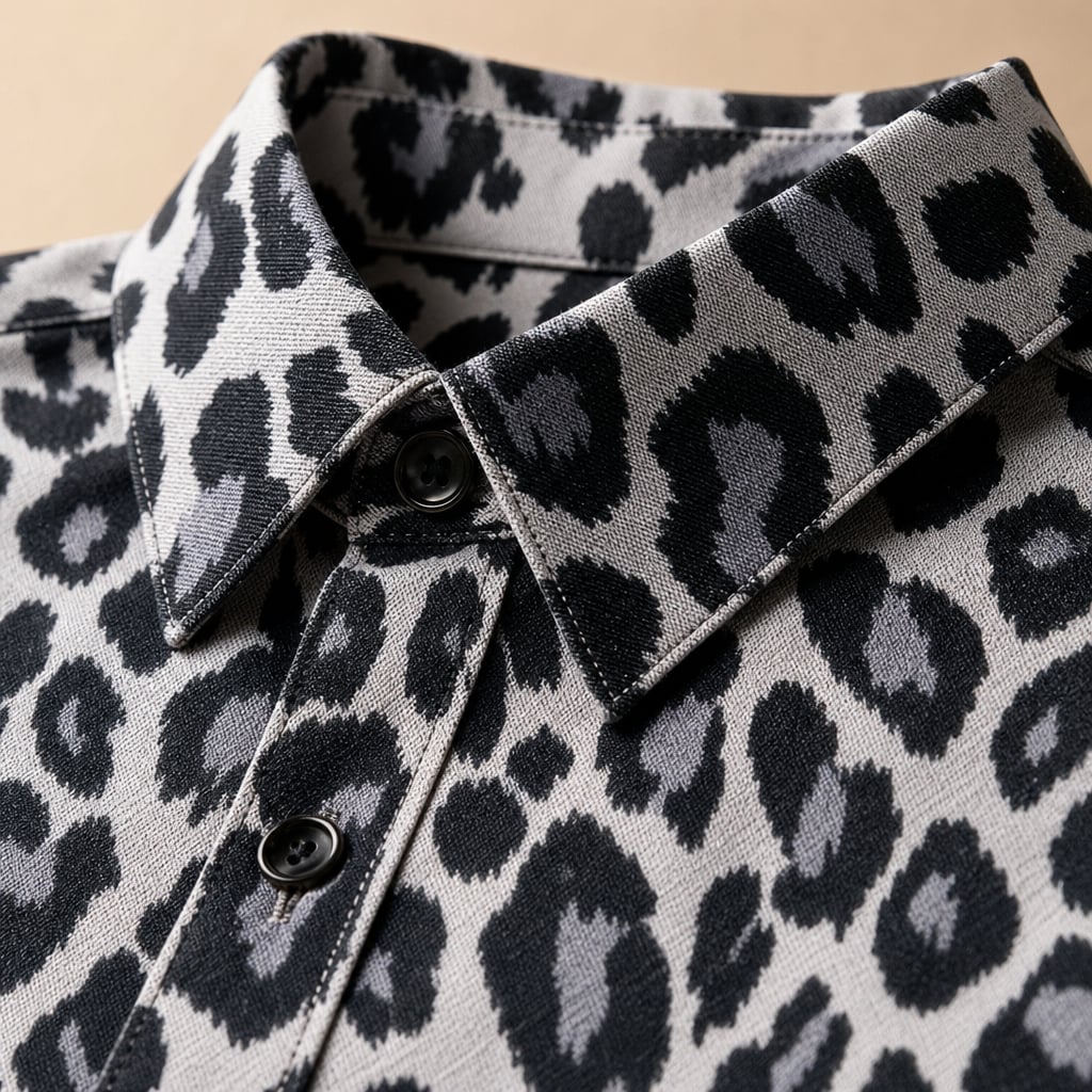 Leopard Print Graphic Shirt Button-Down Camp Collar Gray – Fabric and Detail Close-Up