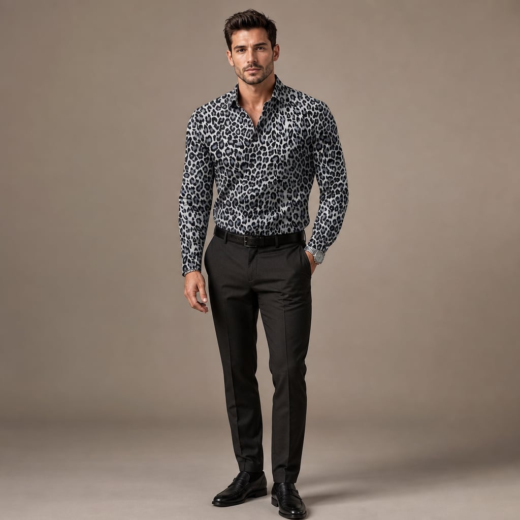 Leopard Print Graphic Shirt Button-Down Camp Collar Gray – Full Look