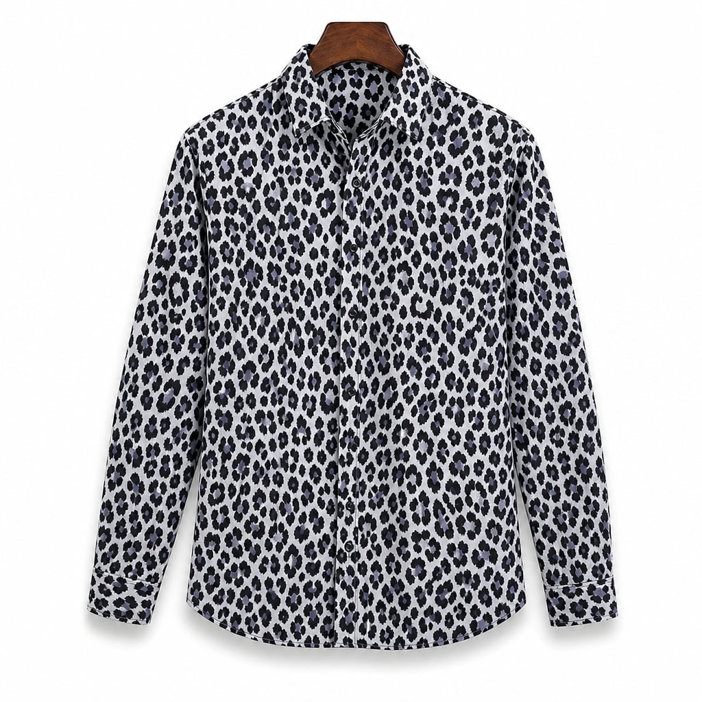 Leopard Print Graphic Shirt Button-Down Camp Collar Gray – Product Photo